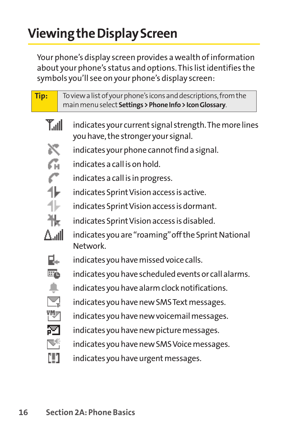 Viewing the display screen | Sprint Nextel VISION S1 User Manual | Page 32 / 218