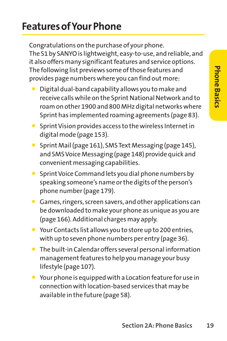 Features of your phone, Ph on e b as ics | Sprint Nextel VISION S1 User Manual | Page 35 / 218