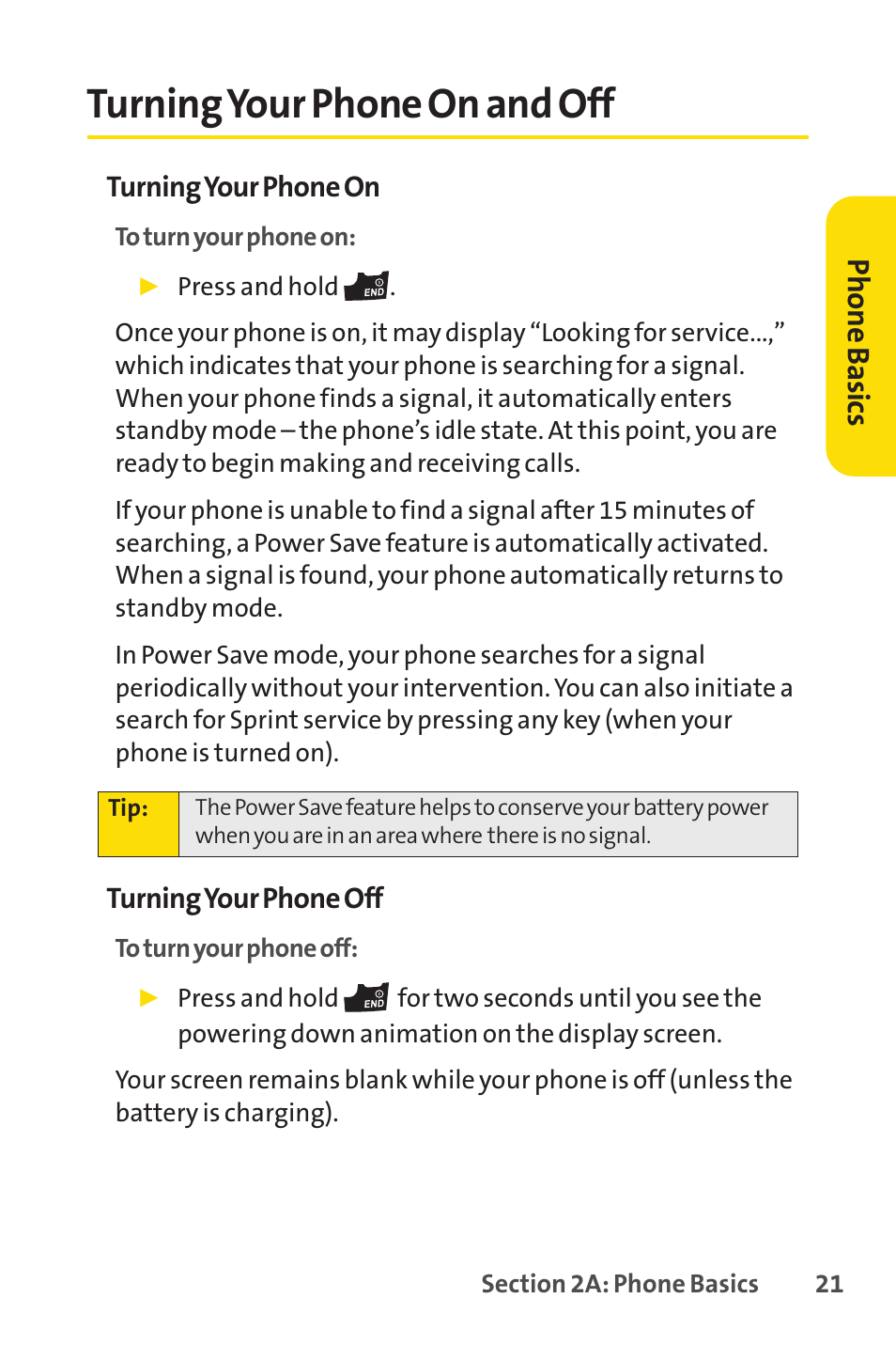 Turning your phone on and off, Ph on e b as ics | Sprint Nextel VISION S1 User Manual | Page 37 / 218