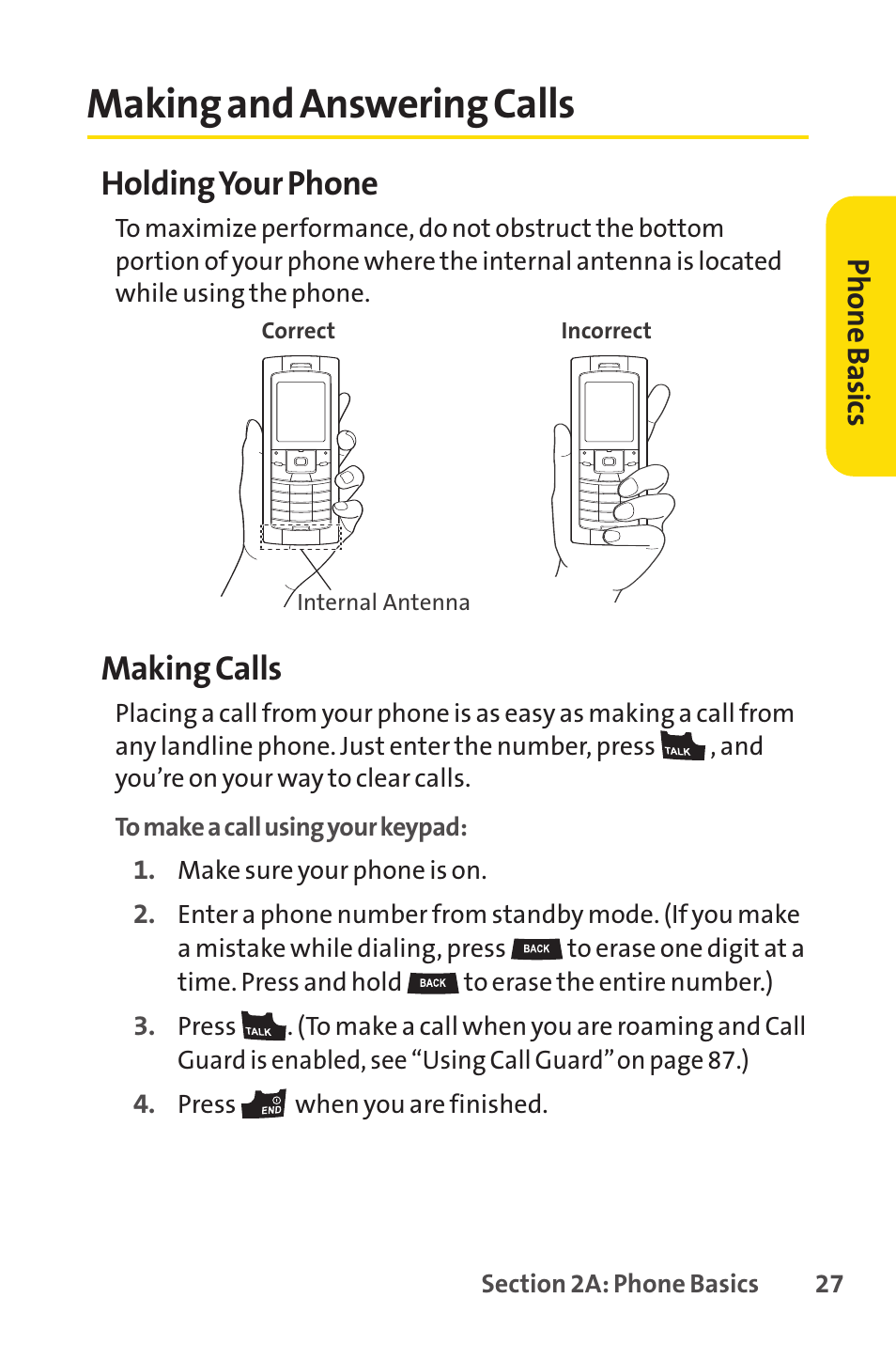 Making and answering calls, Holding your phone, Making calls | Sprint Nextel VISION S1 User Manual | Page 43 / 218