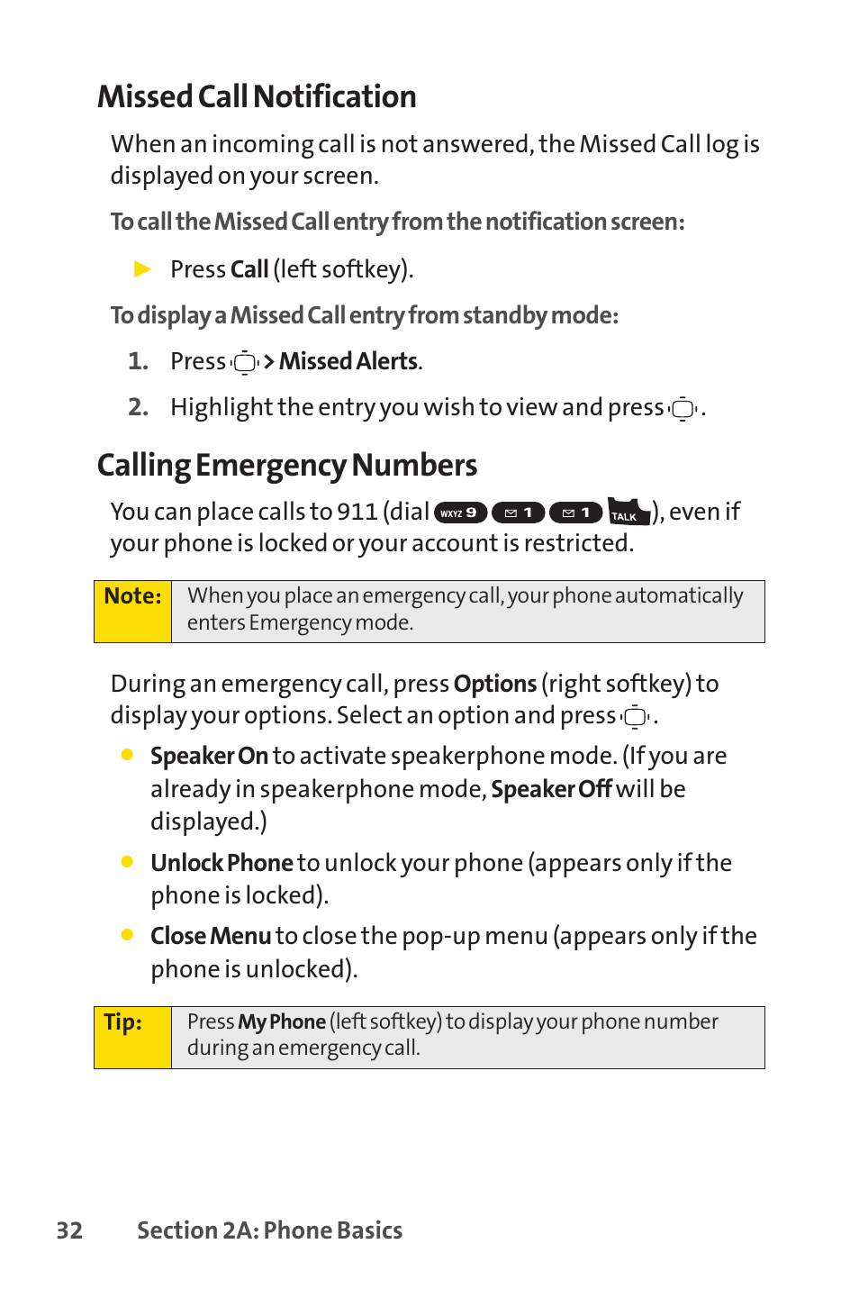Missed call notification, Calling emergency numbers | Sprint Nextel VISION S1 User Manual | Page 48 / 218