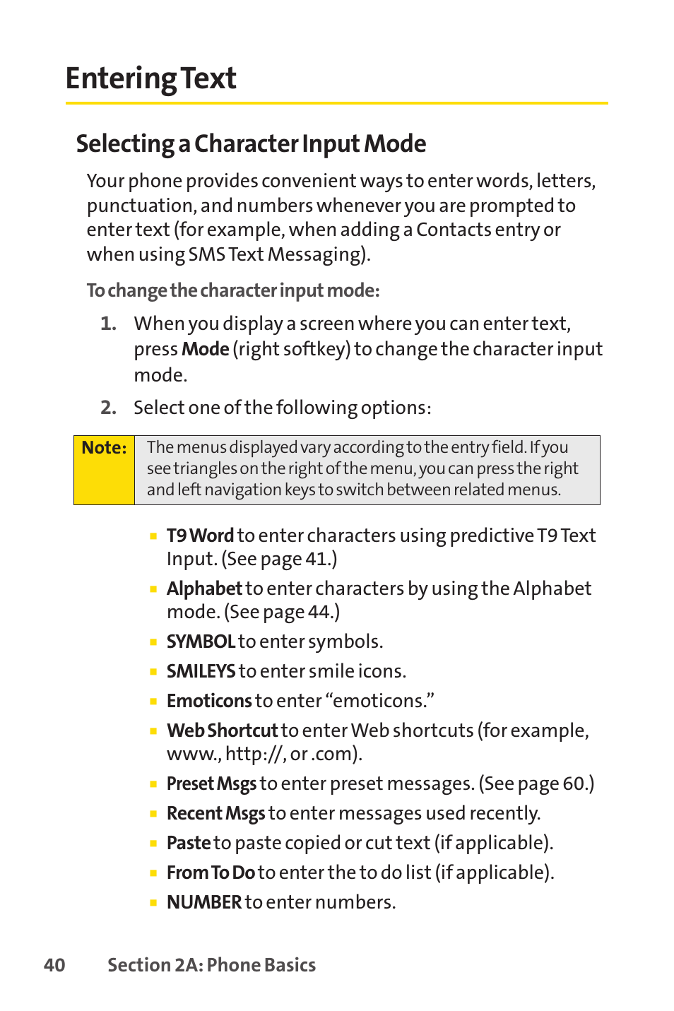 Entering text, Selecting a character input mode | Sprint Nextel VISION S1 User Manual | Page 56 / 218