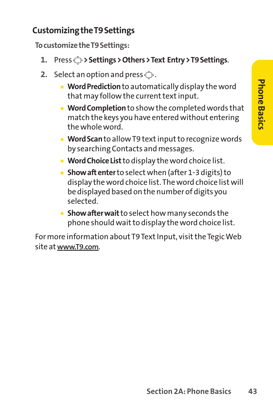 Ph on e b as ics, Customizing the t9 settings | Sprint Nextel VISION S1 User Manual | Page 59 / 218