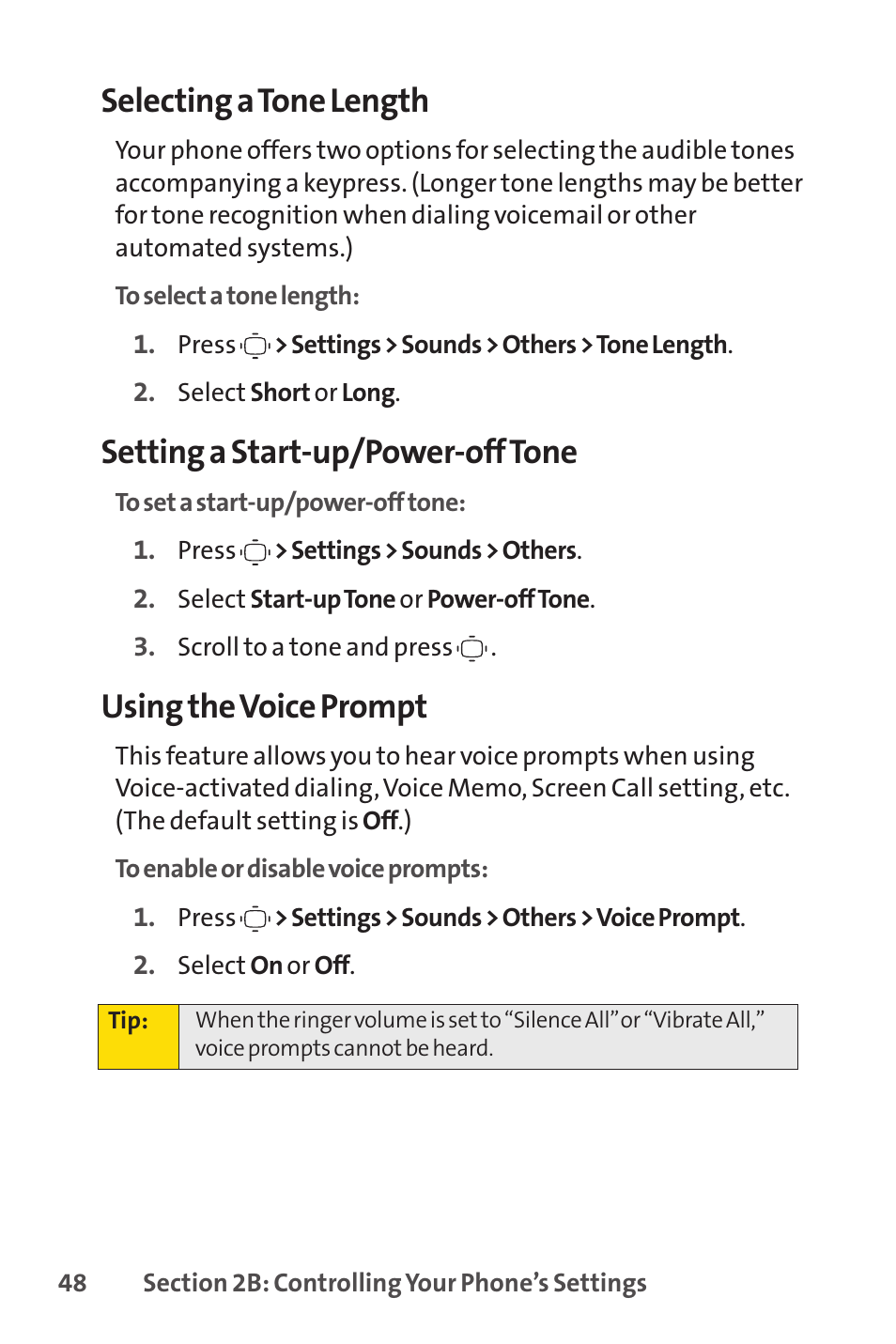 Selecting a tone length, Setting a start-up/power-off tone, Using the voice prompt | Sprint Nextel VISION S1 User Manual | Page 64 / 218