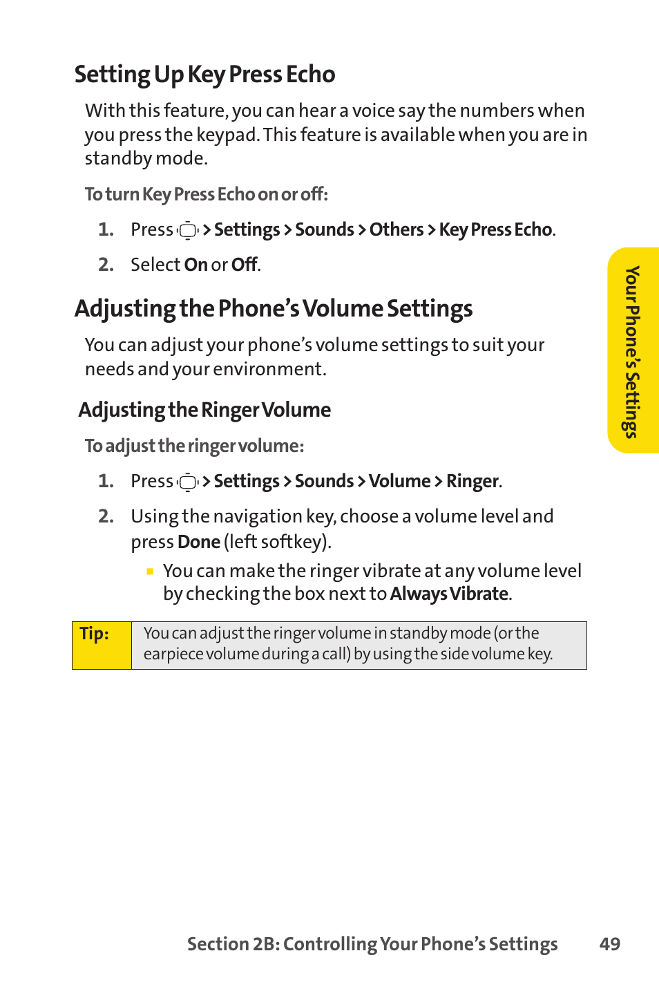 Setting up key press echo, Adjusting the phone’s volume settings | Sprint Nextel VISION S1 User Manual | Page 65 / 218