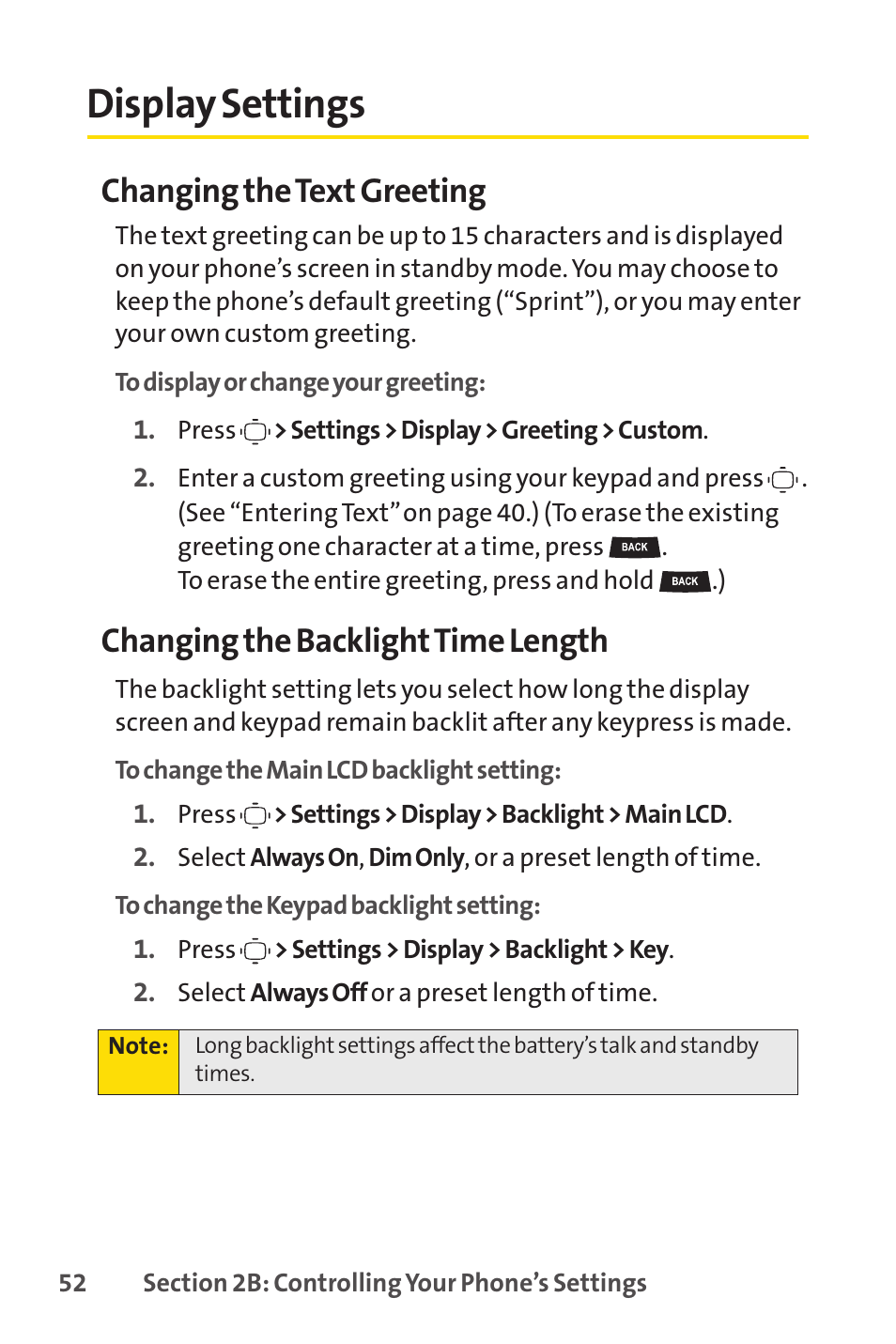 Display settings, Changing the text greeting, Changing the backlighttime length | Sprint Nextel VISION S1 User Manual | Page 68 / 218
