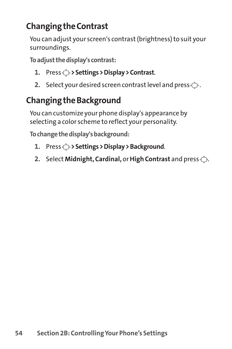 Changing the contrast, Changing the background | Sprint Nextel VISION S1 User Manual | Page 70 / 218