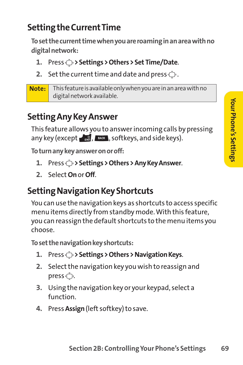 Setting the currenttime, Setting any key answer, Setting navigation key shortcuts | Sprint Nextel VISION S1 User Manual | Page 85 / 218