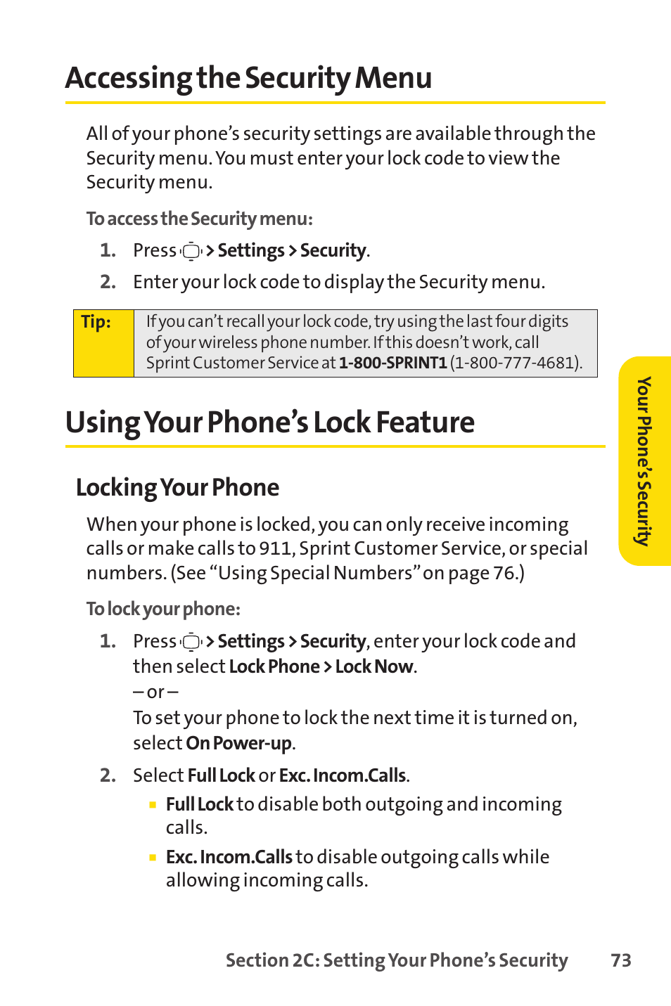 Accessing the security menu, Using your phone’s lock feature, Locking your phone | Sprint Nextel VISION S1 User Manual | Page 89 / 218