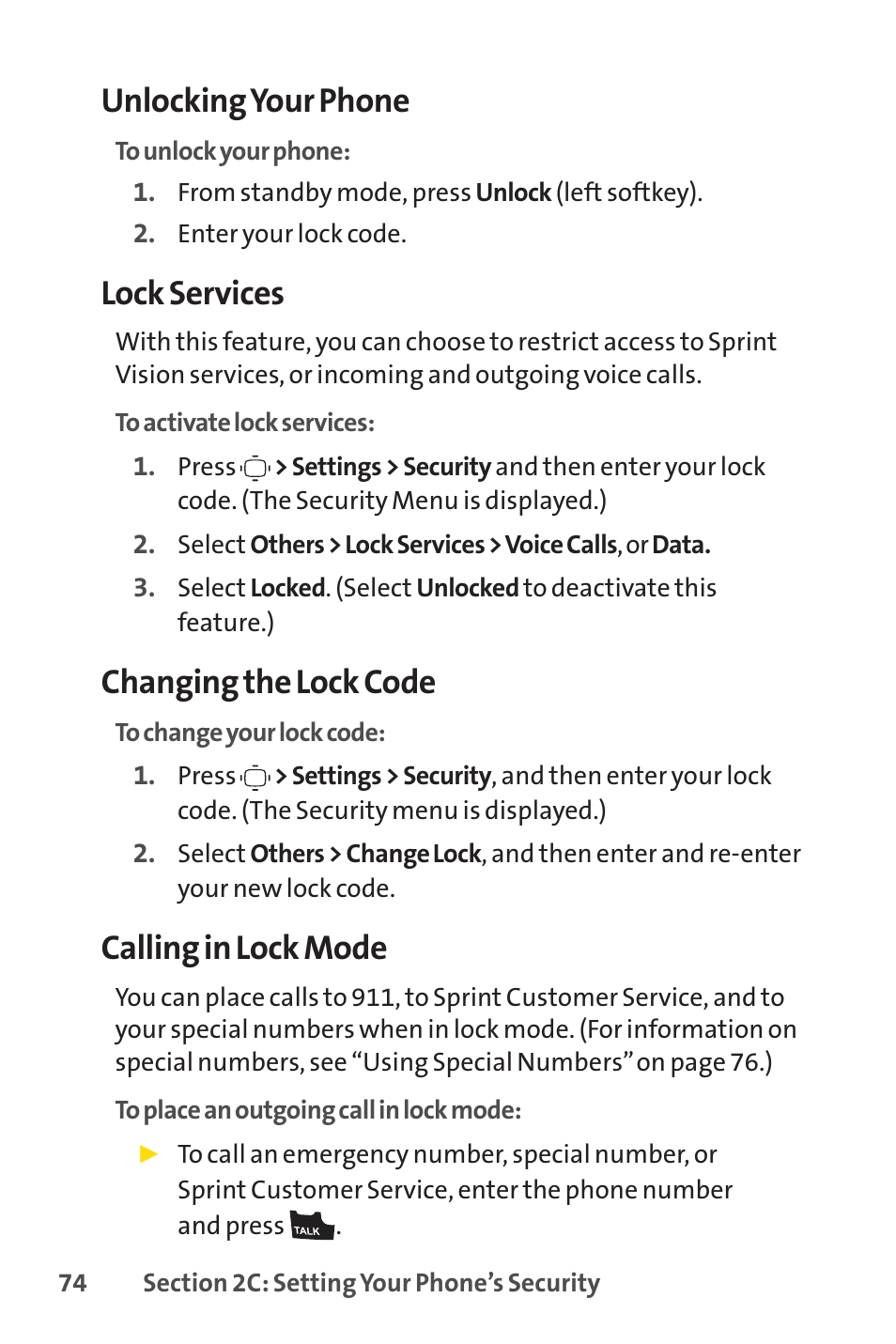Unlocking your phone, Lock services, Changing the lock code | Calling in lock mode | Sprint Nextel VISION S1 User Manual | Page 90 / 218