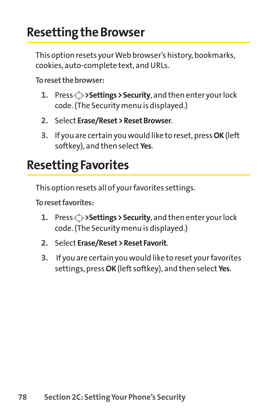 Resetting the browser, Resetting favorites, Resetting the browser resetting favorites | Sprint Nextel VISION S1 User Manual | Page 94 / 218