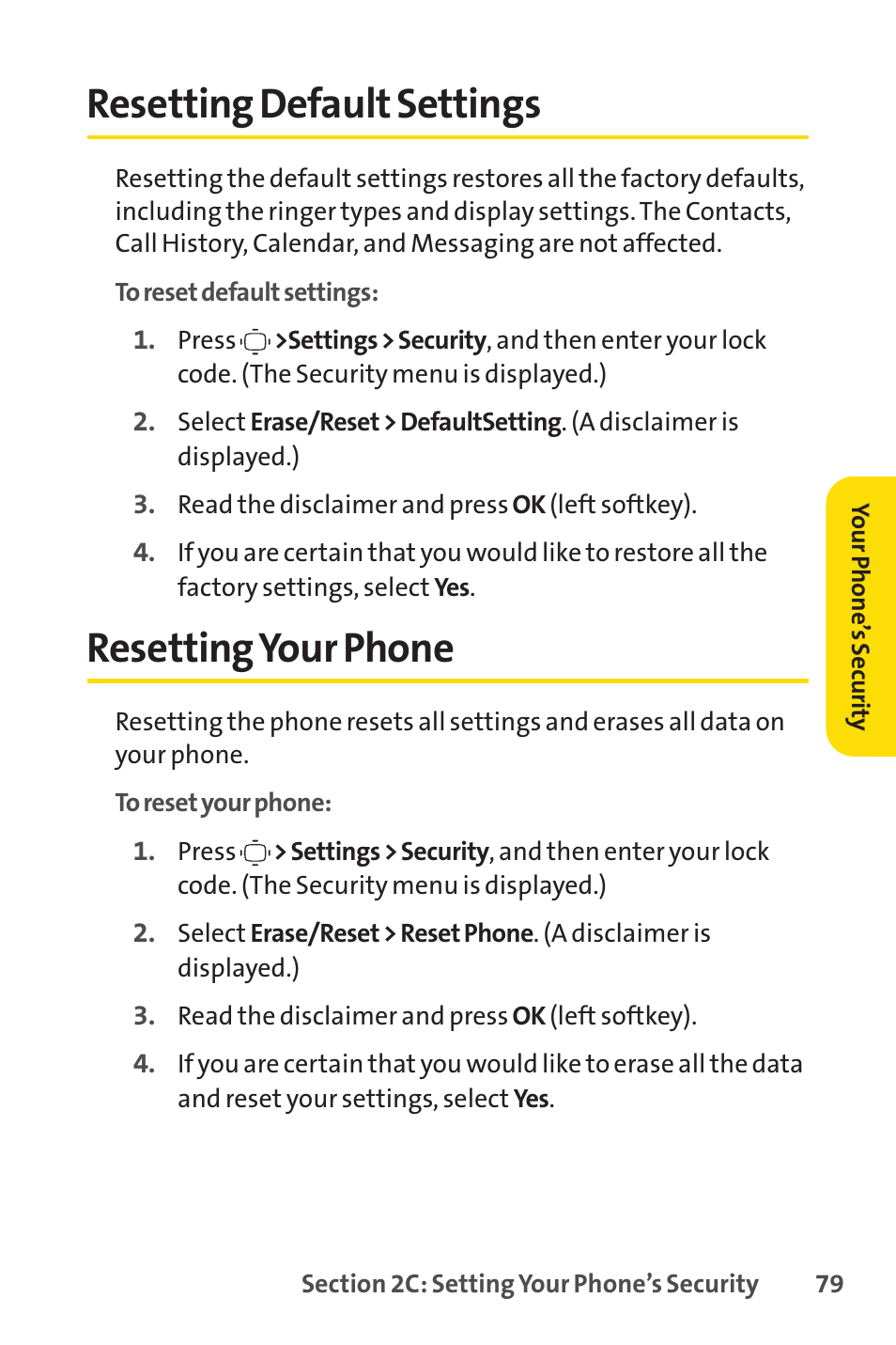 Resetting default settings, Resetting your phone, Resetting default settings resetting your phone | Sprint Nextel VISION S1 User Manual | Page 95 / 218
