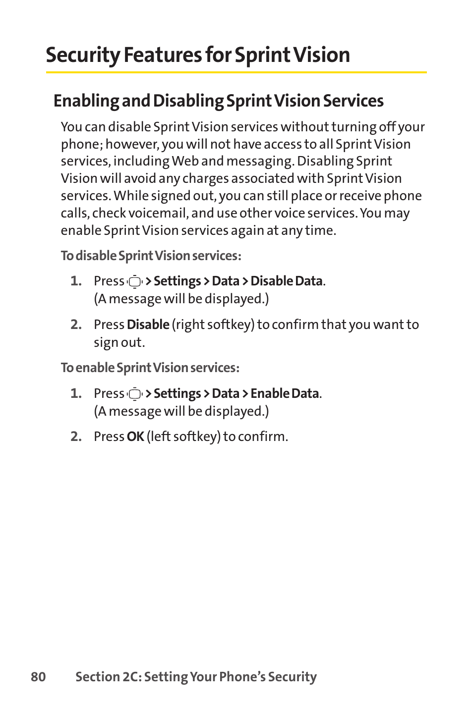 Security features for sprint vision, Security features for sprintvision, Enabling and disabling sprintvision services | Sprint Nextel VISION S1 User Manual | Page 96 / 218
