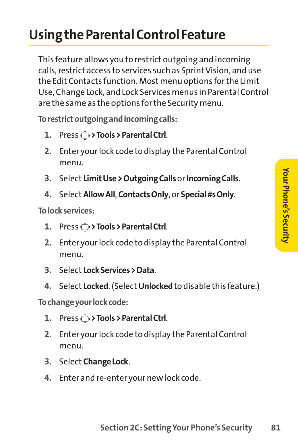 Using the parental control feature | Sprint Nextel VISION S1 User Manual | Page 97 / 218