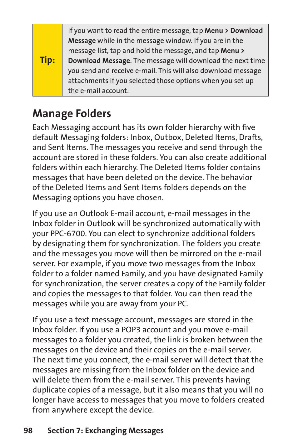 Manage folders | Sprint Nextel Sprint PCS Vision Smart Device PPC-6700 User Manual | Page 104 / 164