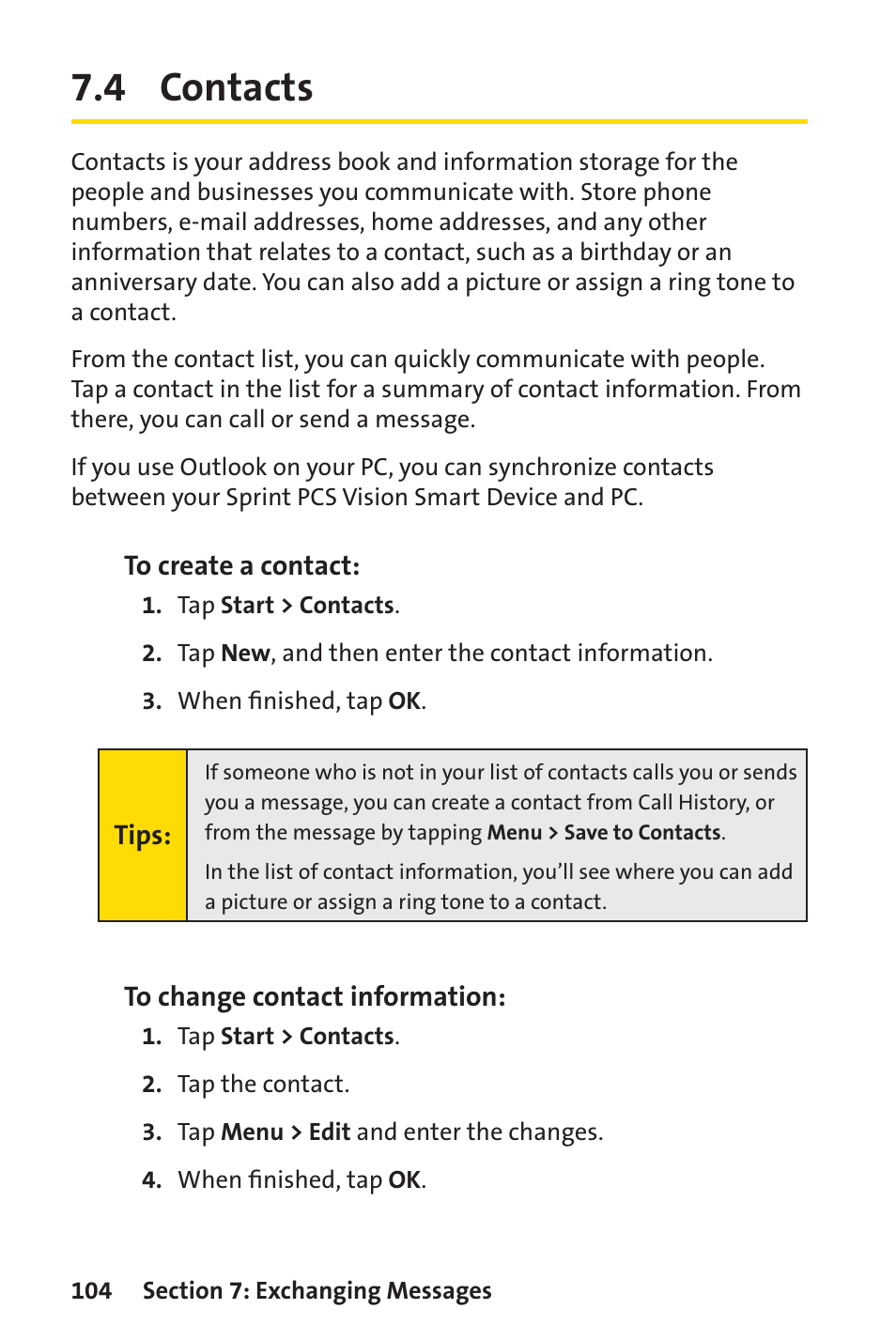 4 contacts | Sprint Nextel Sprint PCS Vision Smart Device PPC-6700 User Manual | Page 110 / 164