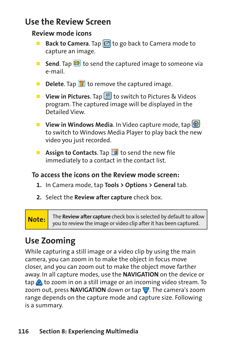 Use the review screen, Use zooming | Sprint Nextel Sprint PCS Vision Smart Device PPC-6700 User Manual | Page 122 / 164