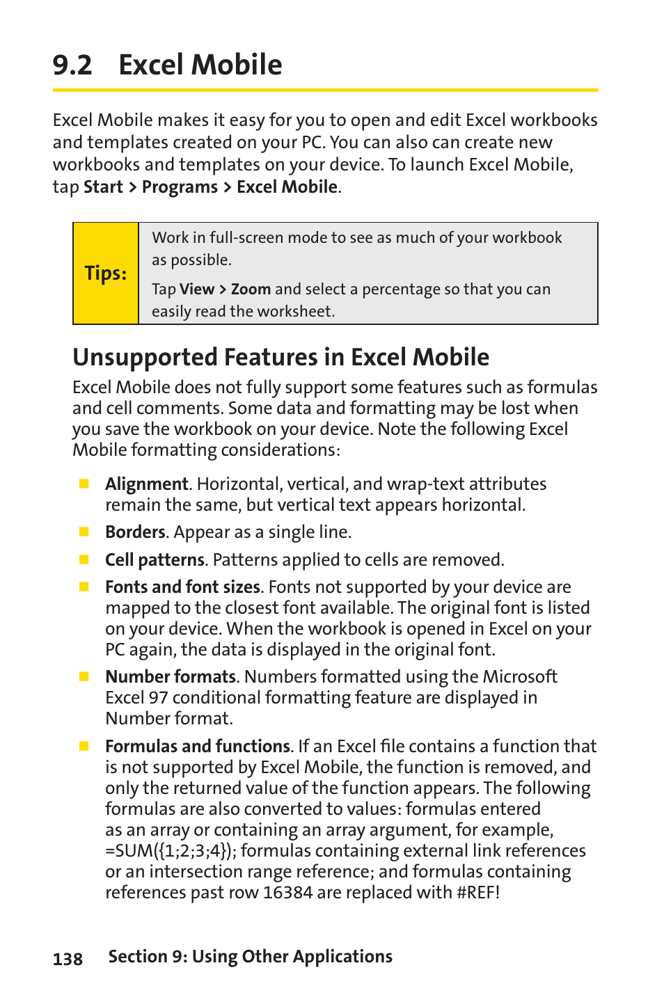 2 excel mobile, Unsupported features in excel mobile | Sprint Nextel Sprint PCS Vision Smart Device PPC-6700 User Manual | Page 144 / 164