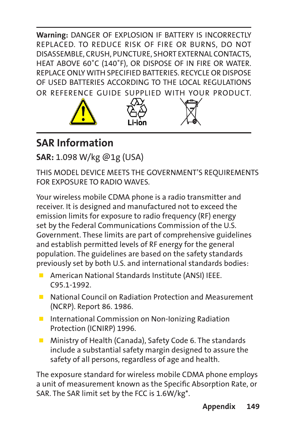 Sar information | Sprint Nextel Sprint PCS Vision Smart Device PPC-6700 User Manual | Page 155 / 164