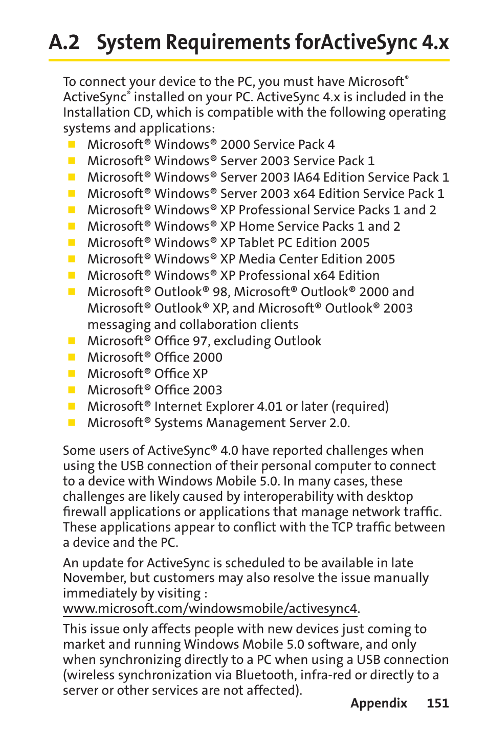 A.2 system requirements foractivesync 4.x | Sprint Nextel Sprint PCS Vision Smart Device PPC-6700 User Manual | Page 157 / 164