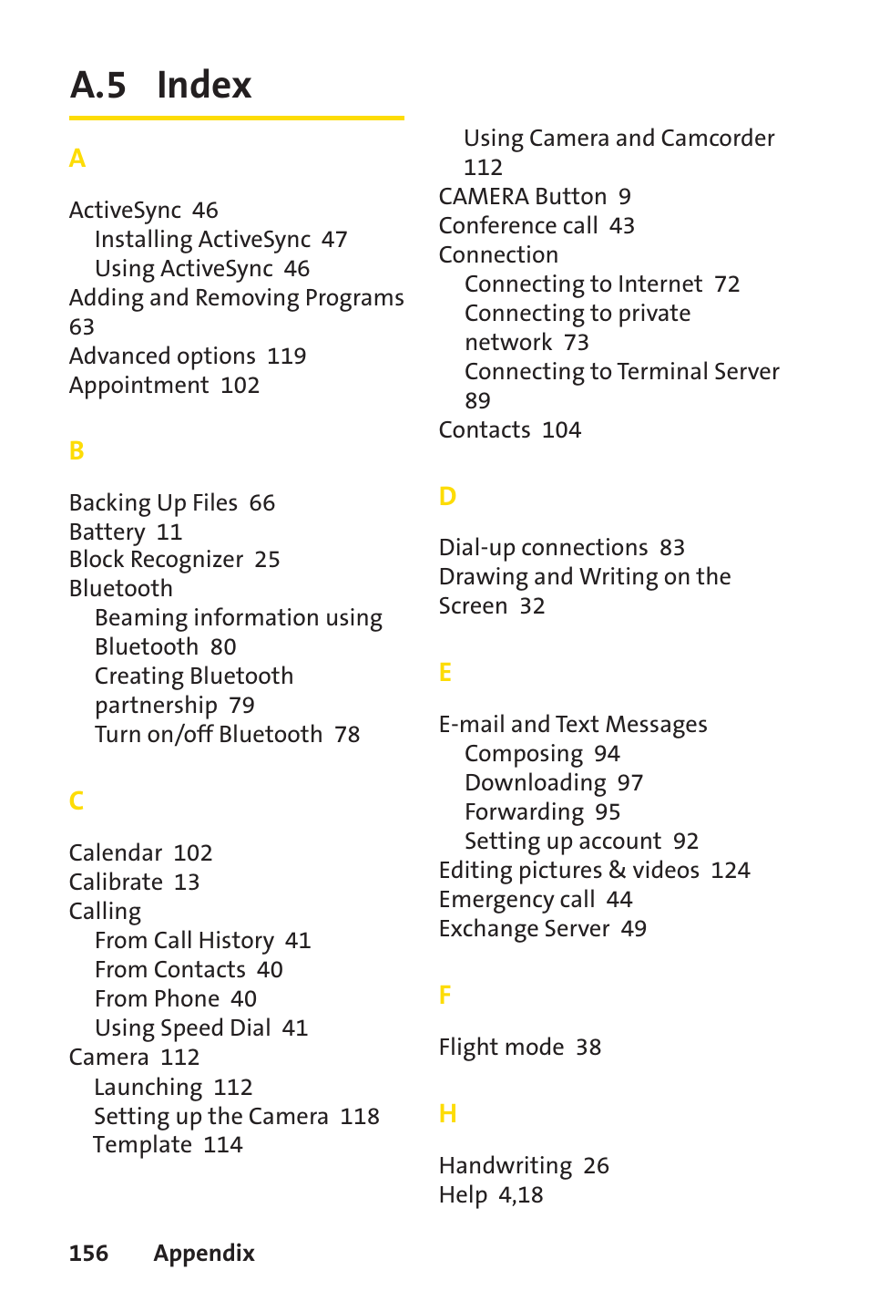 A.5 index | Sprint Nextel Sprint PCS Vision Smart Device PPC-6700 User Manual | Page 162 / 164