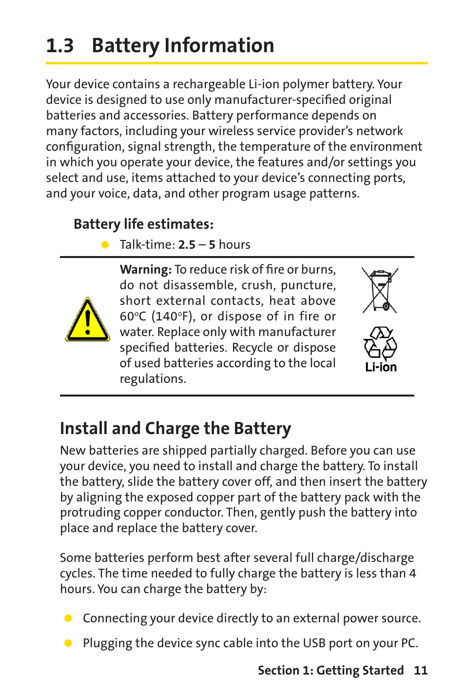 3 battery information, Install and charge the battery | Sprint Nextel Sprint PCS Vision Smart Device PPC-6700 User Manual | Page 17 / 164