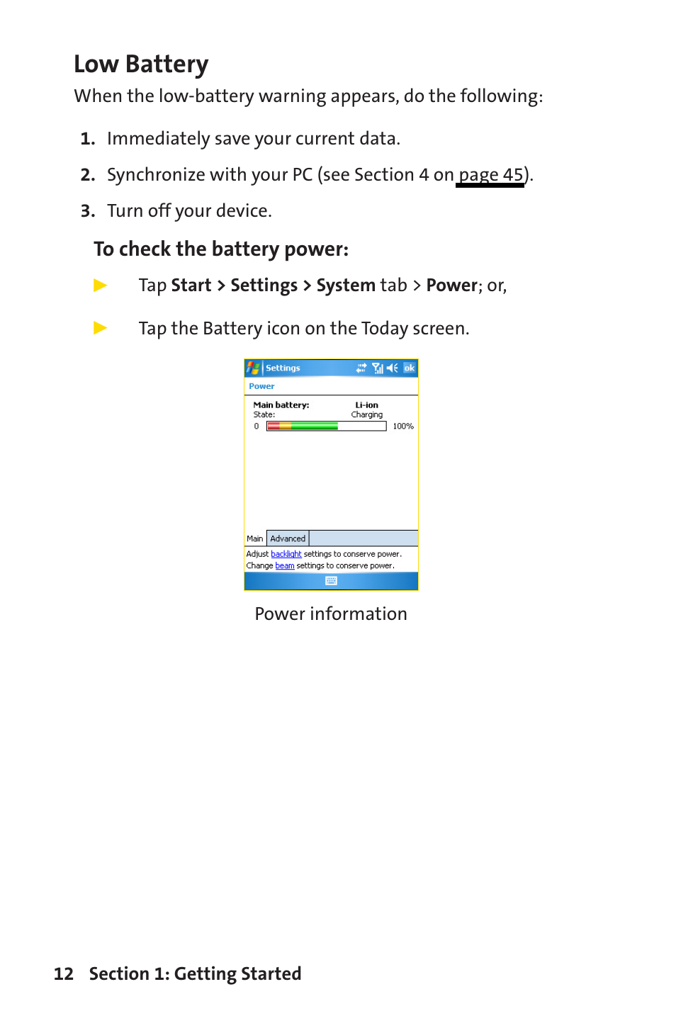 Low battery | Sprint Nextel Sprint PCS Vision Smart Device PPC-6700 User Manual | Page 18 / 164