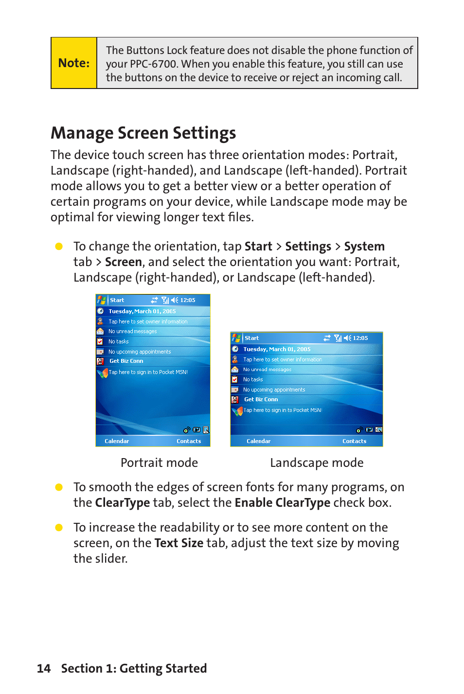Manage screen settings | Sprint Nextel Sprint PCS Vision Smart Device PPC-6700 User Manual | Page 20 / 164