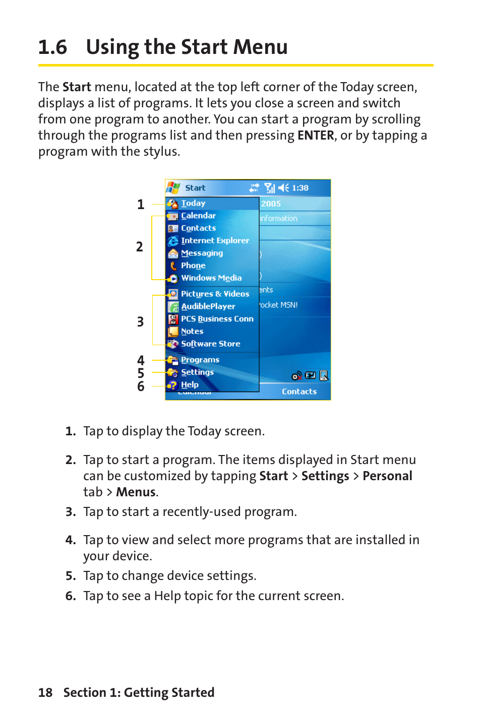 6 using the start menu | Sprint Nextel Sprint PCS Vision Smart Device PPC-6700 User Manual | Page 24 / 164