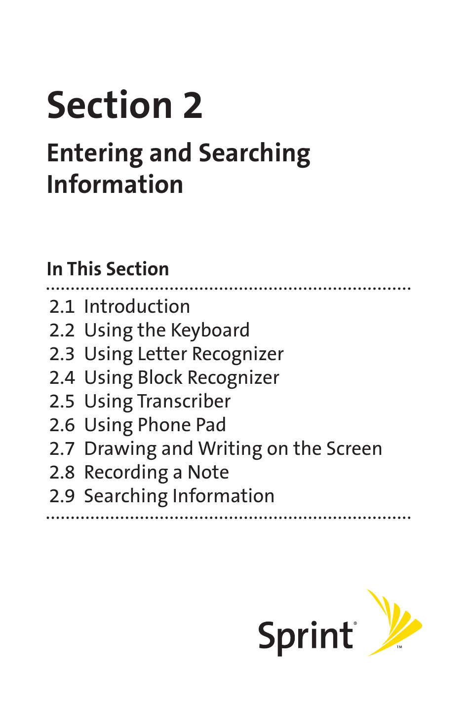 Section 2 entering and searching information, Tion 2 entering and searching information | Sprint Nextel Sprint PCS Vision Smart Device PPC-6700 User Manual | Page 27 / 164
