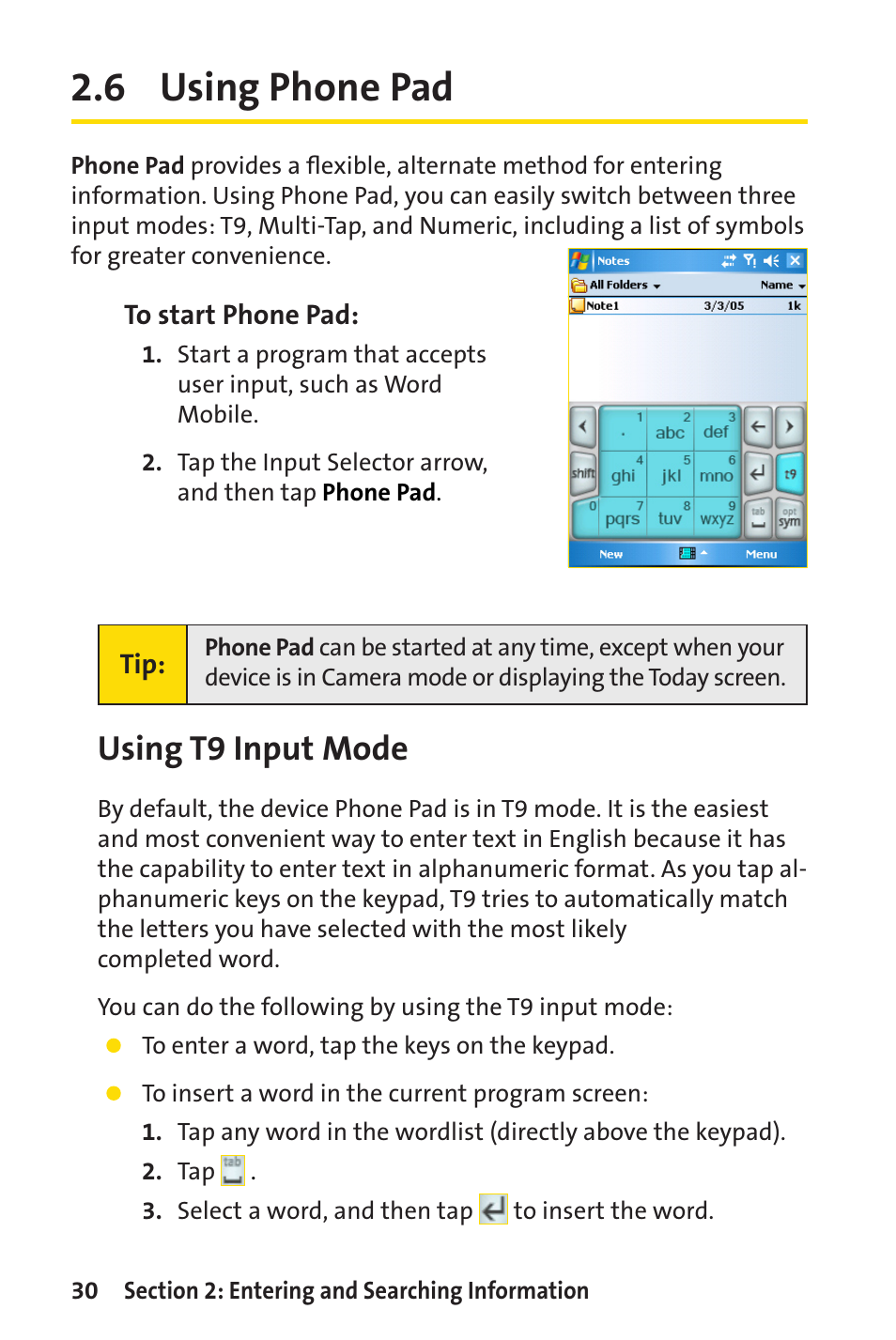 6 using phone pad, Using t9 input mode | Sprint Nextel Sprint PCS Vision Smart Device PPC-6700 User Manual | Page 36 / 164