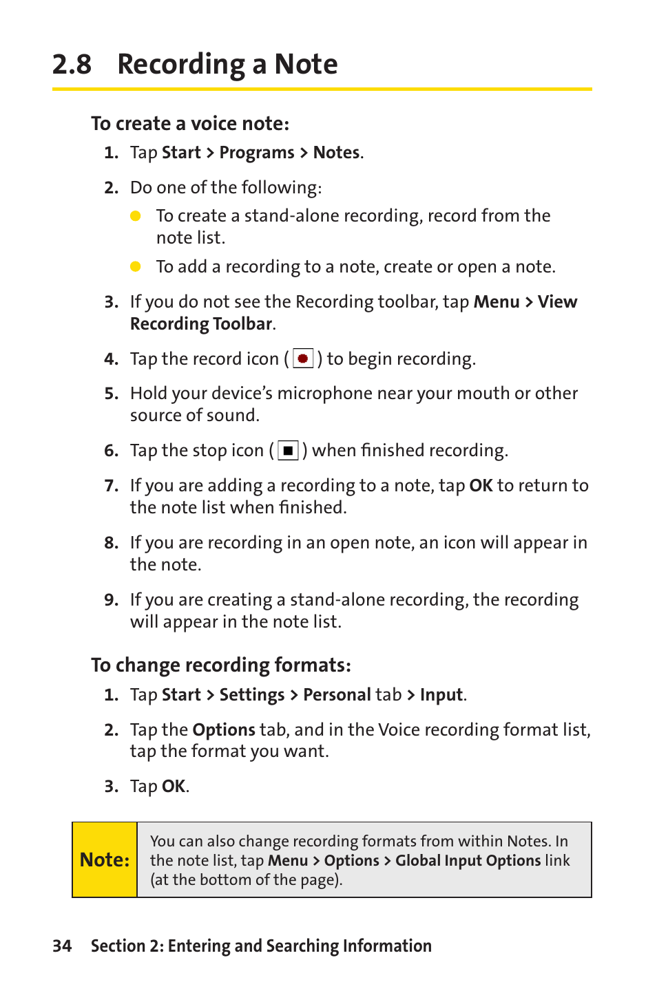 8 recording a note | Sprint Nextel Sprint PCS Vision Smart Device PPC-6700 User Manual | Page 40 / 164