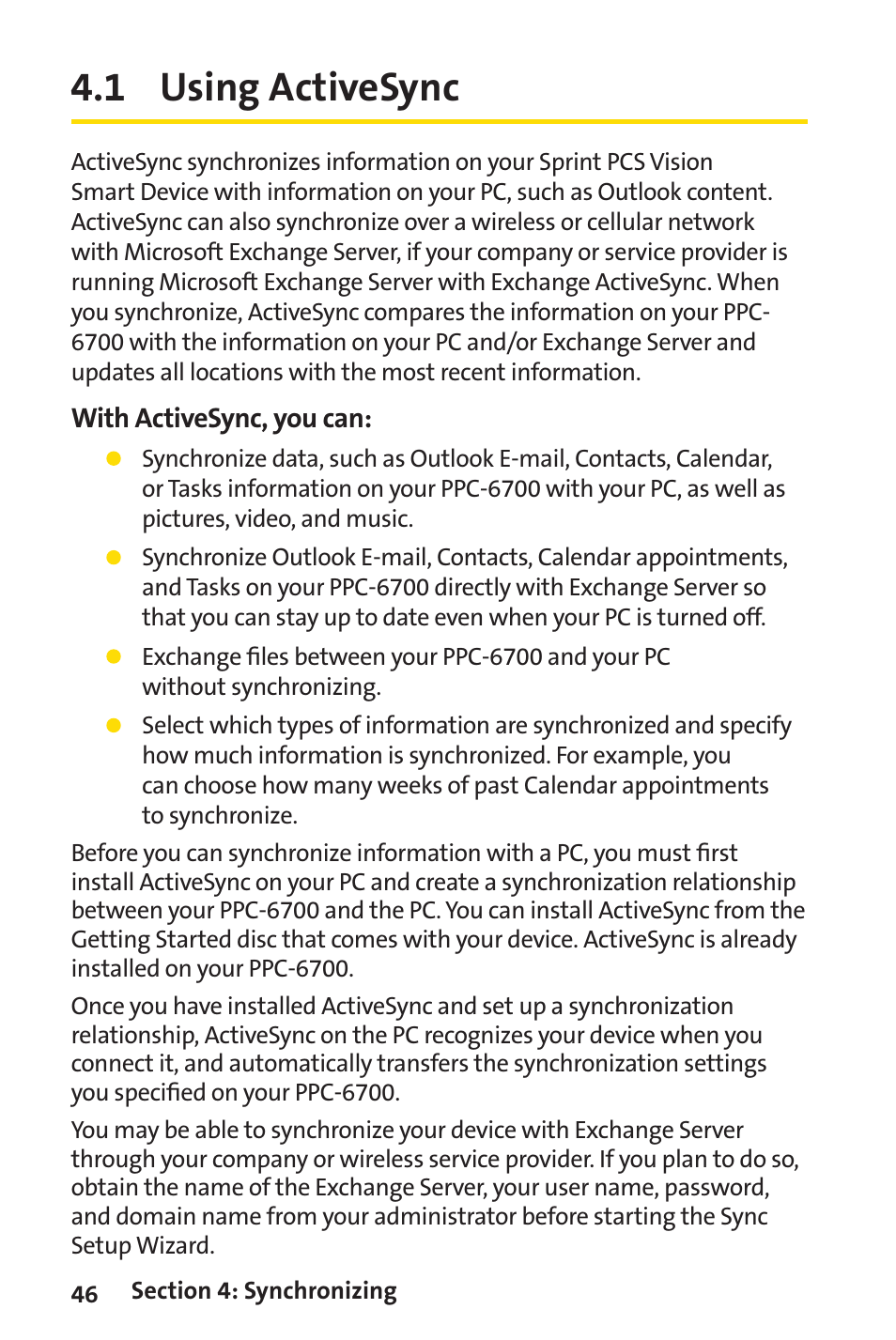 1 using activesync | Sprint Nextel Sprint PCS Vision Smart Device PPC-6700 User Manual | Page 52 / 164
