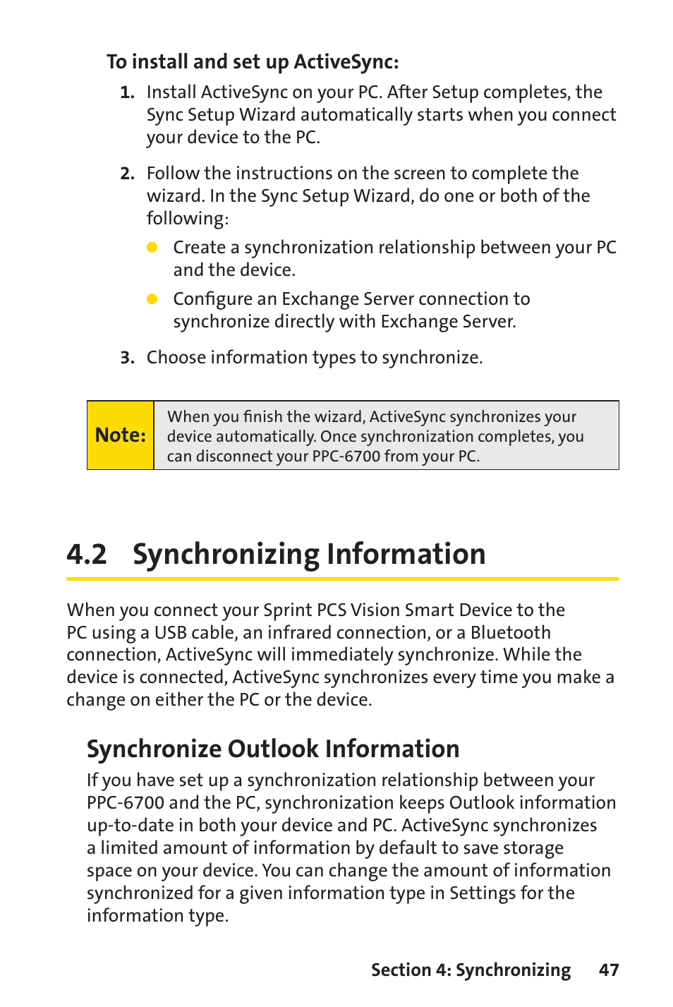 2 synchronizing information, Synchronize outlook information | Sprint Nextel Sprint PCS Vision Smart Device PPC-6700 User Manual | Page 53 / 164
