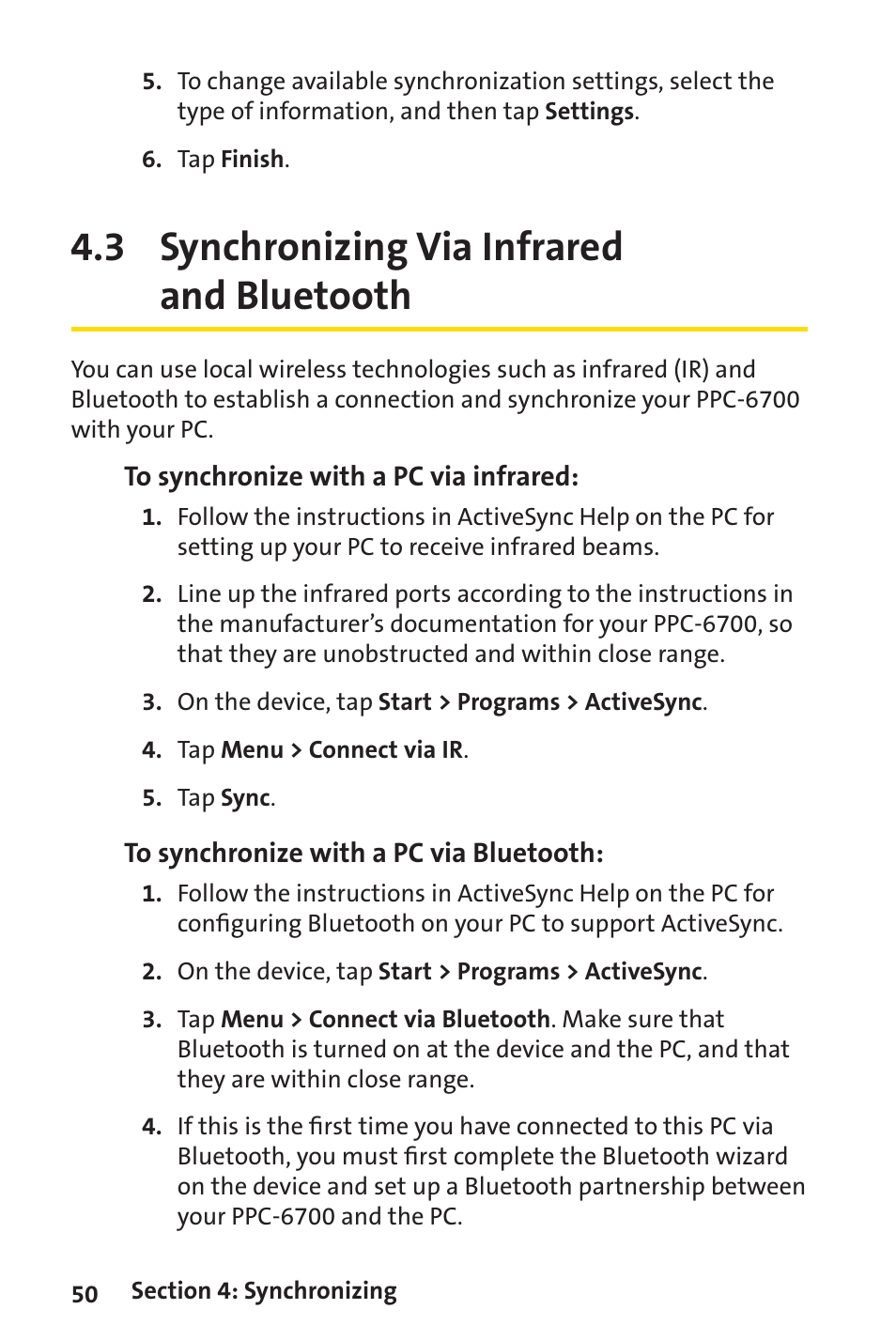 3 synchronizing via infrared and bluetooth | Sprint Nextel Sprint PCS Vision Smart Device PPC-6700 User Manual | Page 56 / 164