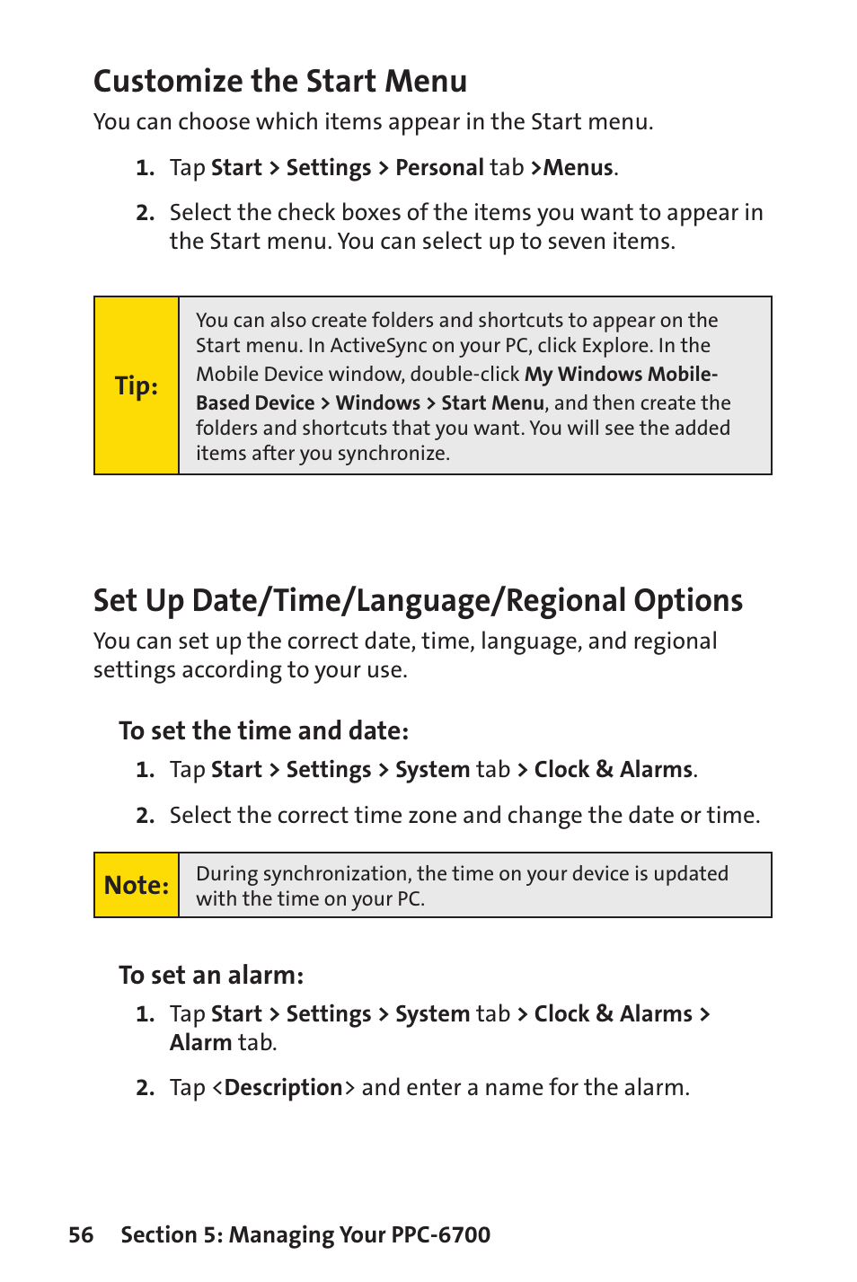 Customize the start menu, Set up date/time/language/regional options | Sprint Nextel Sprint PCS Vision Smart Device PPC-6700 User Manual | Page 62 / 164