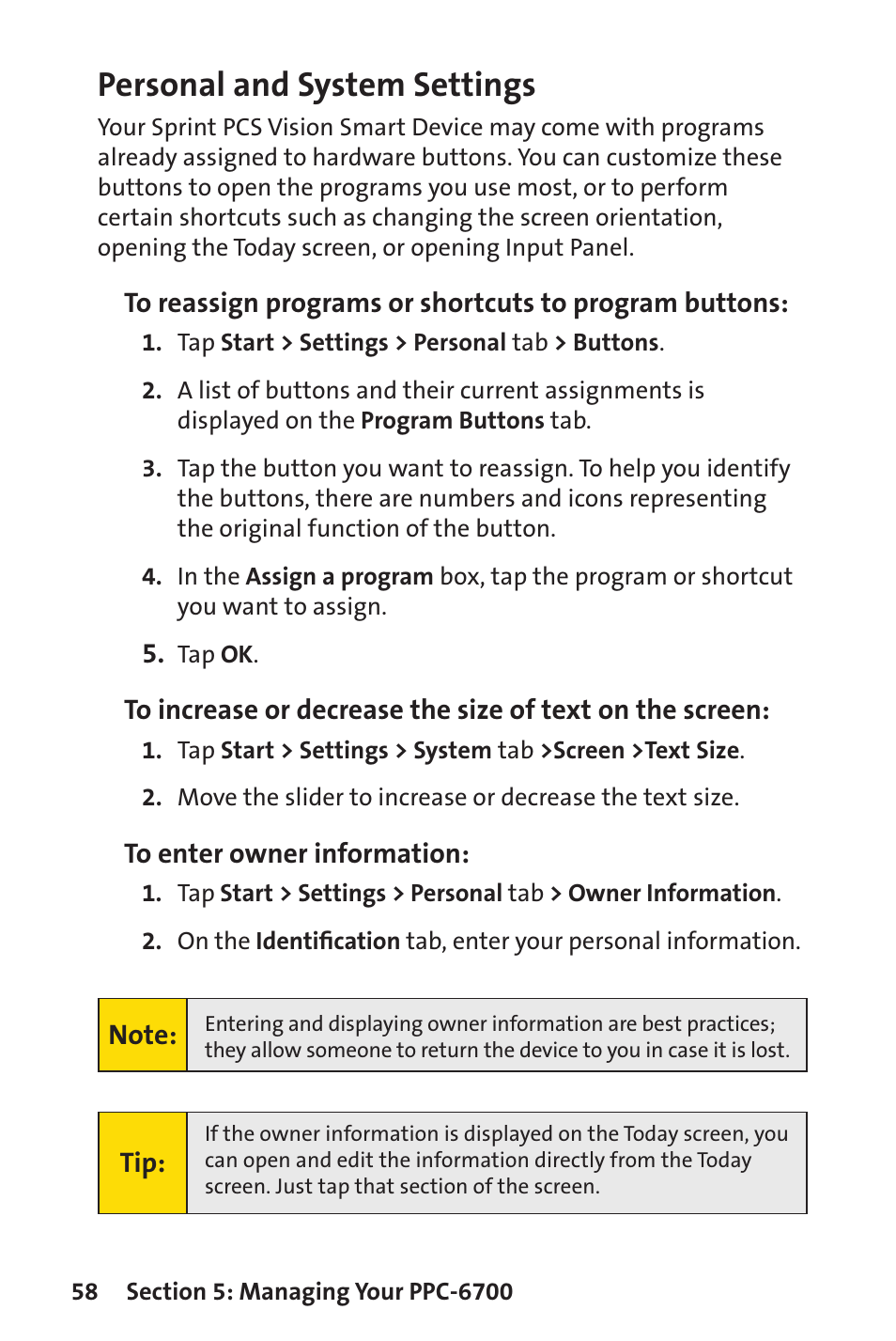 Personal and system settings | Sprint Nextel Sprint PCS Vision Smart Device PPC-6700 User Manual | Page 64 / 164