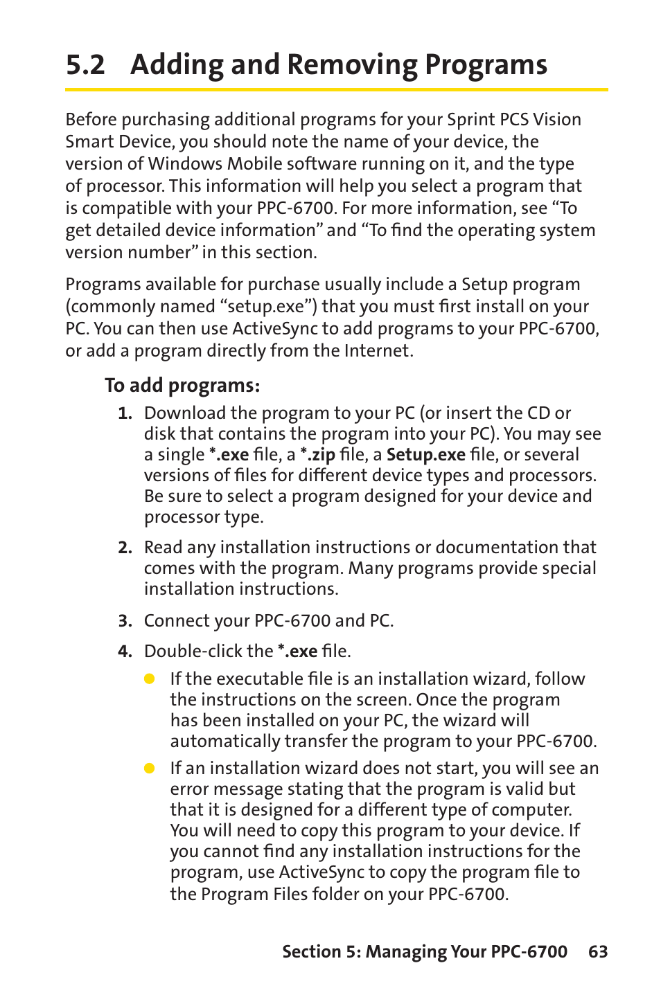 2 adding and removing programs | Sprint Nextel Sprint PCS Vision Smart Device PPC-6700 User Manual | Page 69 / 164