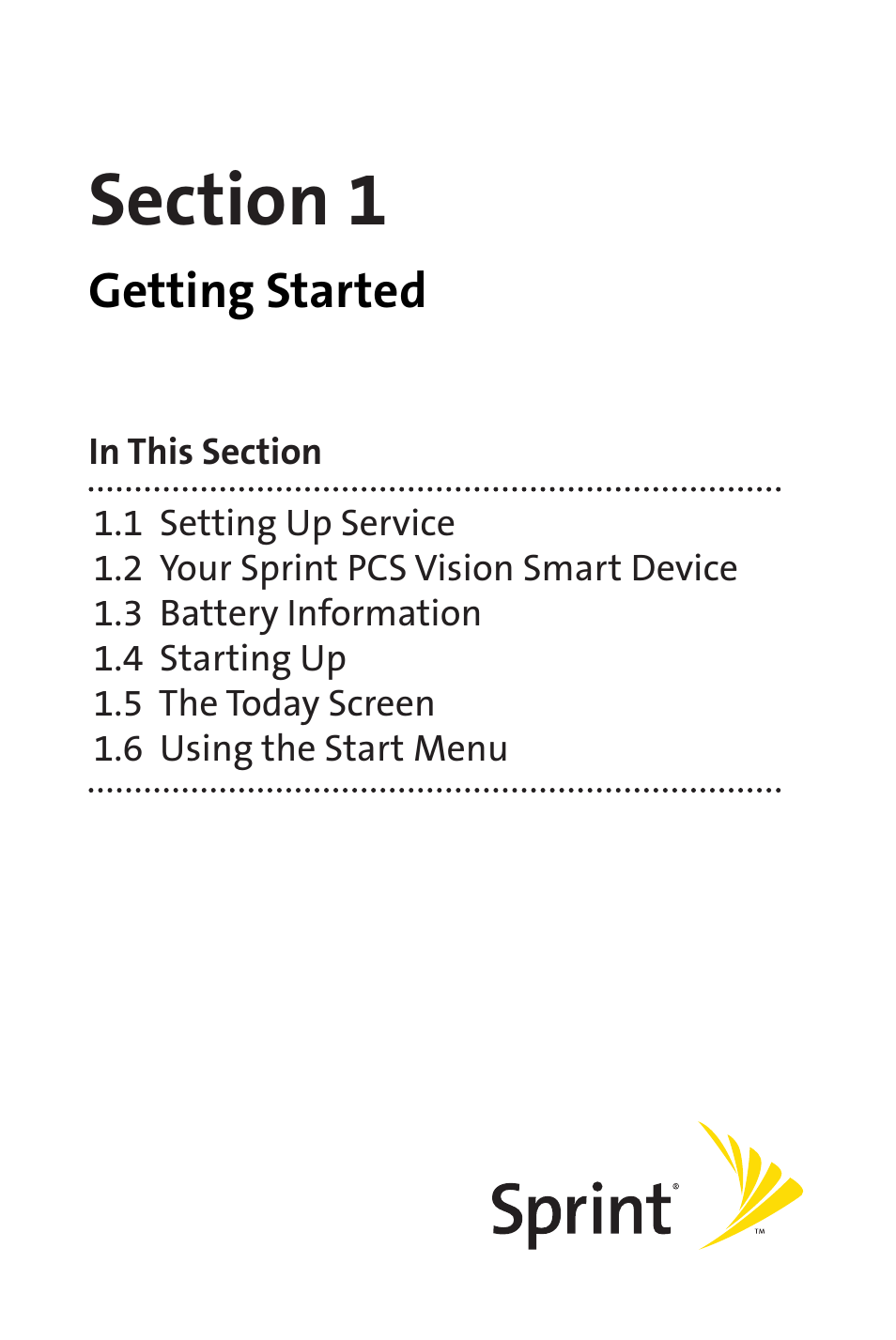 Section 1 getting started | Sprint Nextel Sprint PCS Vision Smart Device PPC-6700 User Manual | Page 7 / 164