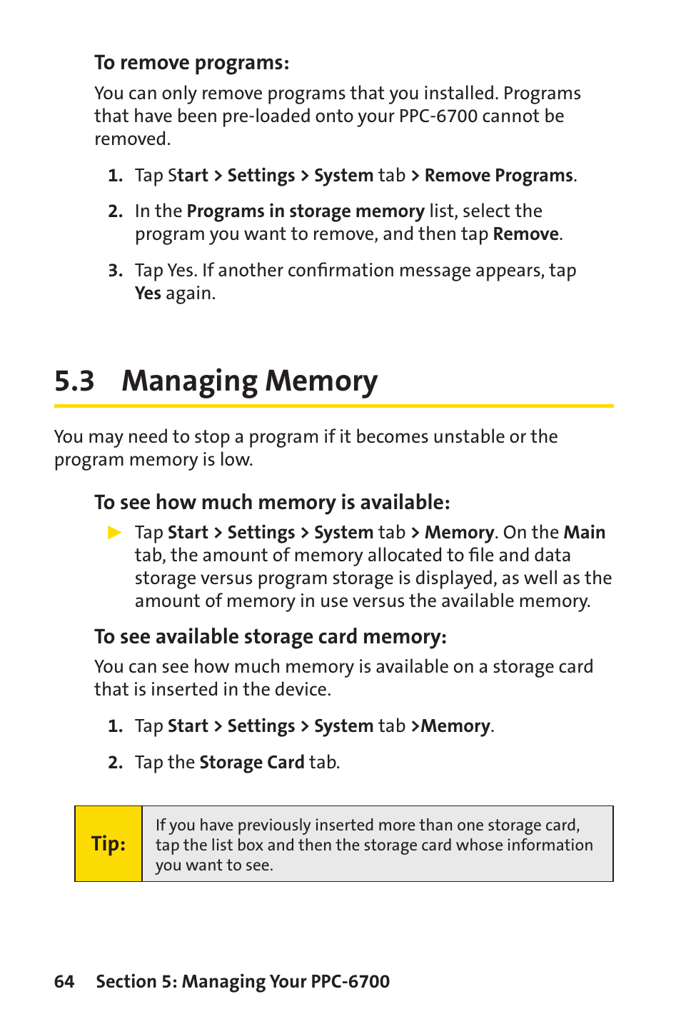 3 managing memory | Sprint Nextel Sprint PCS Vision Smart Device PPC-6700 User Manual | Page 70 / 164