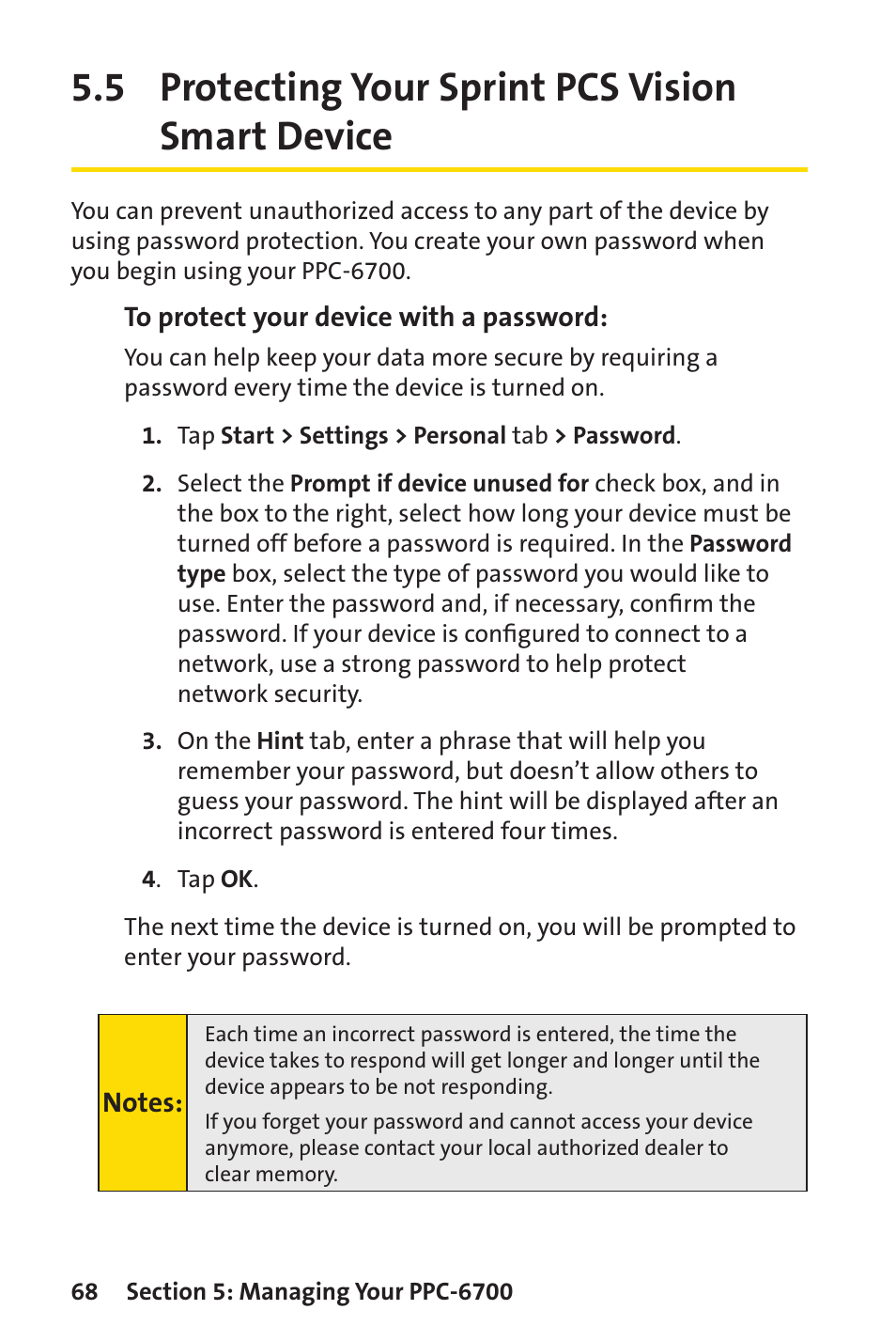 5 protecting your sprint pcs vision smart device | Sprint Nextel Sprint PCS Vision Smart Device PPC-6700 User Manual | Page 74 / 164