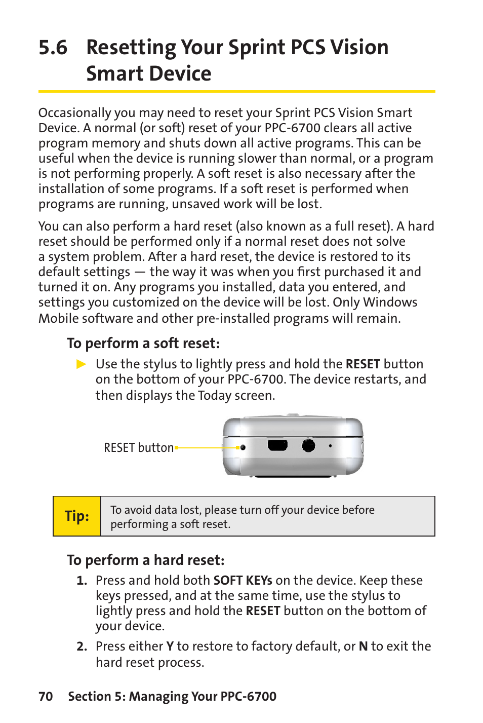 6 resetting your sprint pcs vision smart device | Sprint Nextel Sprint PCS Vision Smart Device PPC-6700 User Manual | Page 76 / 164