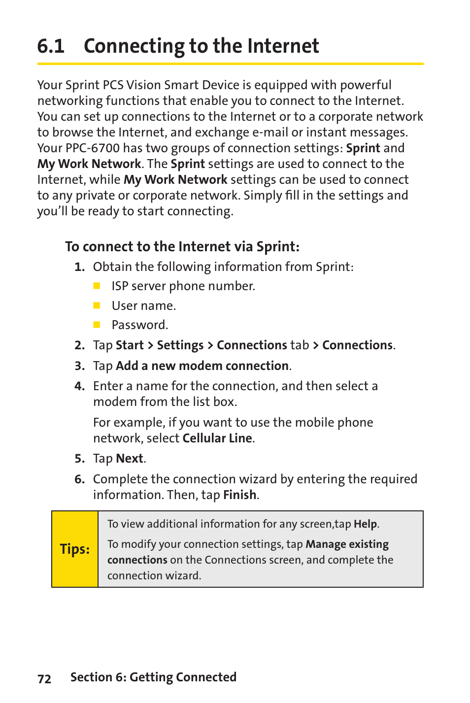 1 connecting to the internet | Sprint Nextel Sprint PCS Vision Smart Device PPC-6700 User Manual | Page 78 / 164