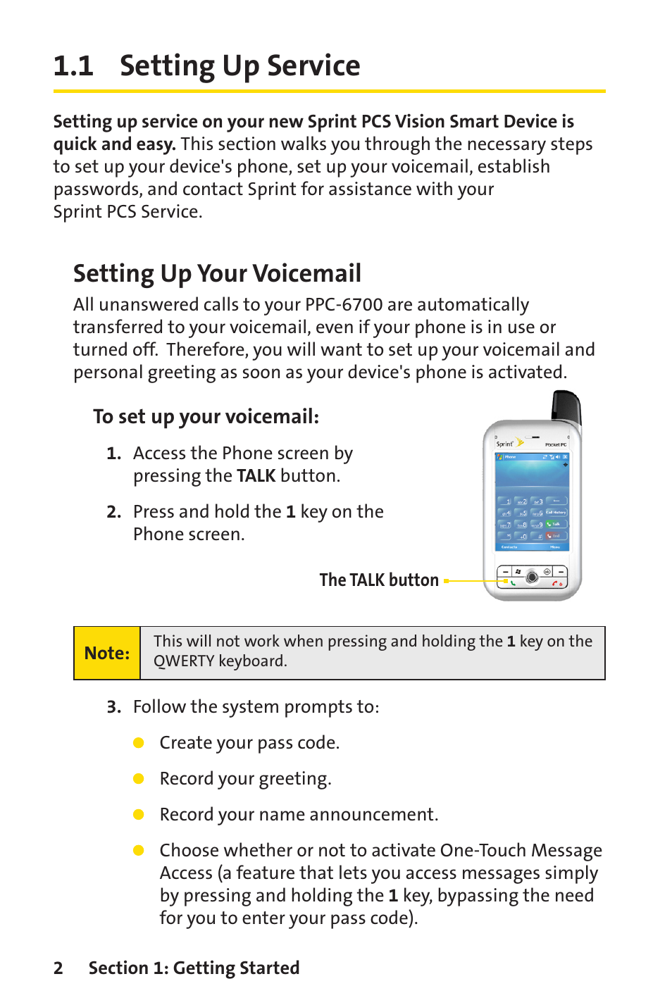 1 setting up service, Setting up your voicemail | Sprint Nextel Sprint PCS Vision Smart Device PPC-6700 User Manual | Page 8 / 164
