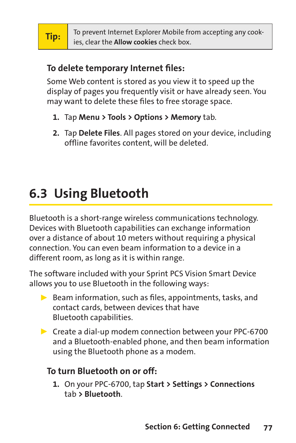 3 using bluetooth | Sprint Nextel Sprint PCS Vision Smart Device PPC-6700 User Manual | Page 83 / 164