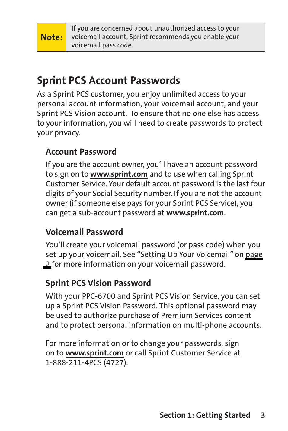 Sprint pcs account passwords | Sprint Nextel Sprint PCS Vision Smart Device PPC-6700 User Manual | Page 9 / 164