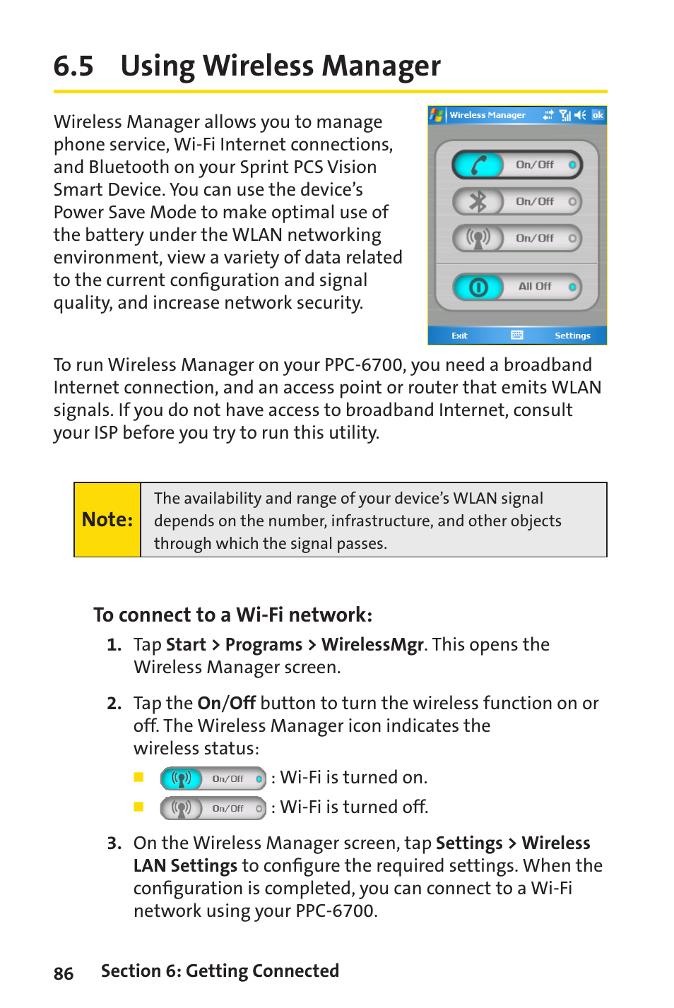 5 using wireless manager | Sprint Nextel Sprint PCS Vision Smart Device PPC-6700 User Manual | Page 92 / 164