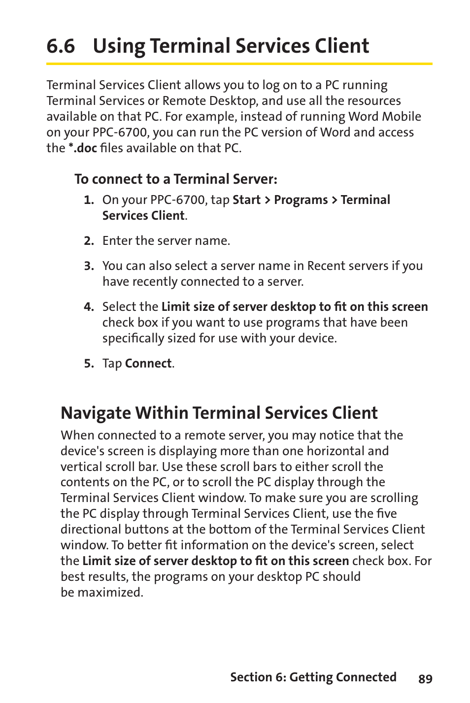 6 using terminal services client, Navigate within terminal services client | Sprint Nextel Sprint PCS Vision Smart Device PPC-6700 User Manual | Page 95 / 164