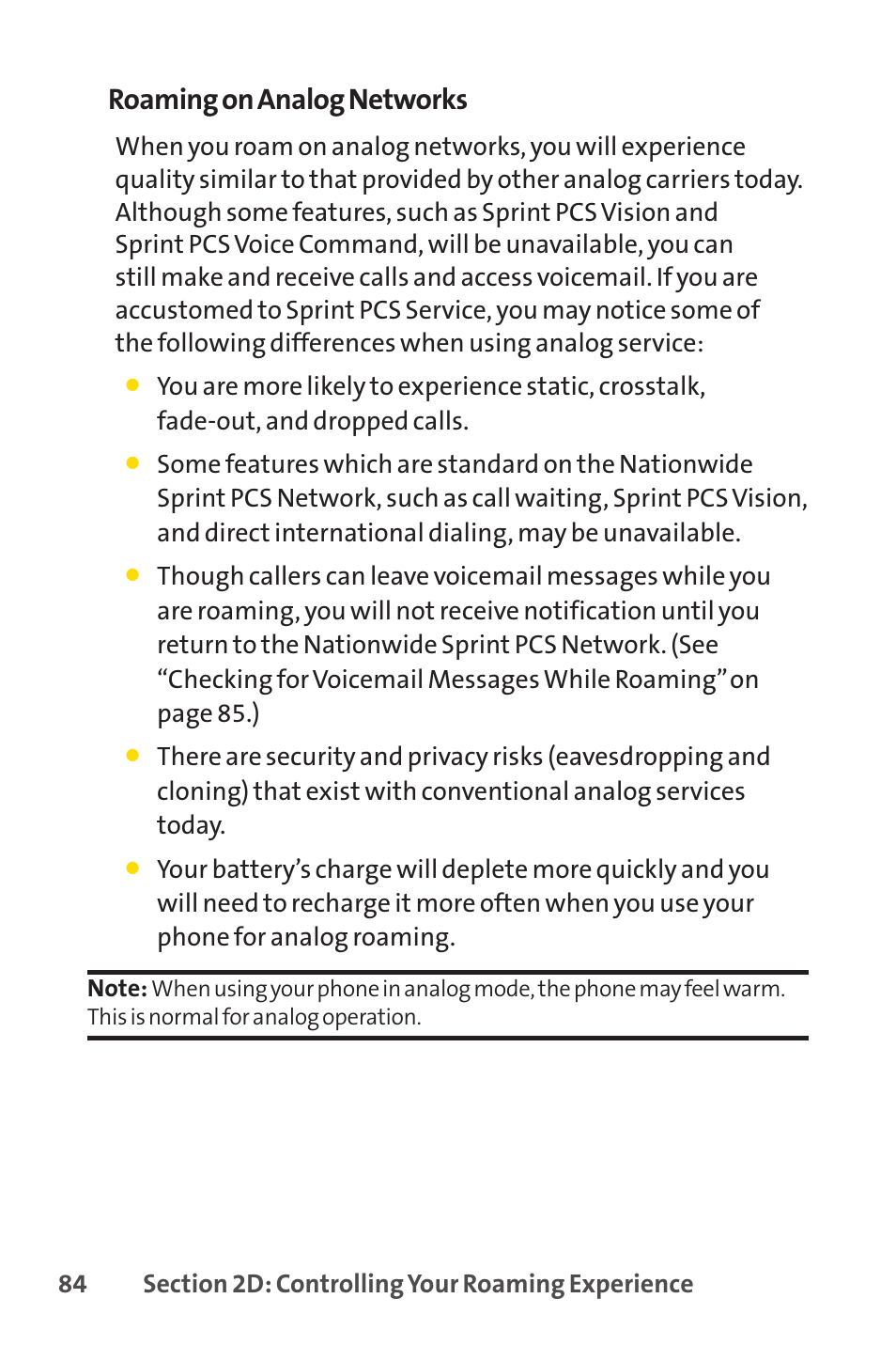 Roaming on analog networks | Sprint Nextel PCSVISIONPHONE SCP-3100 User Manual | Page 100 / 270