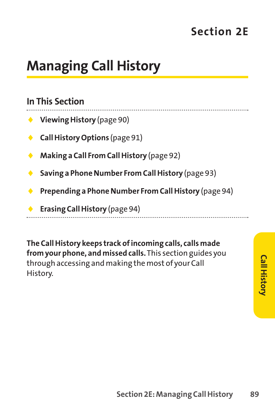 2e. managing call history, Managing call history | Sprint Nextel PCSVISIONPHONE SCP-3100 User Manual | Page 105 / 270